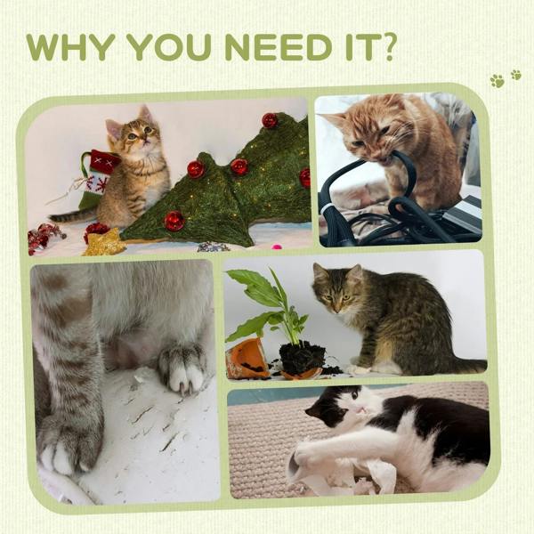 Beige jute cat scratching post, shown in an infographic with cats playing