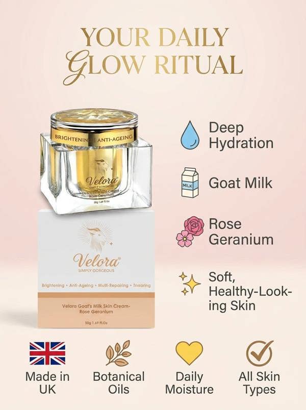 Velora Moisturising Goat Milk Face Cream | Hydrating Daily Face Moisturiser with Shea Butter & Rose Geranium