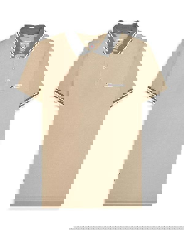 Lambretta Contrast Tipped Mens Mod Ska Casual Polo, beige polo shirt with gray and white striped collar and sleeve cuffs.