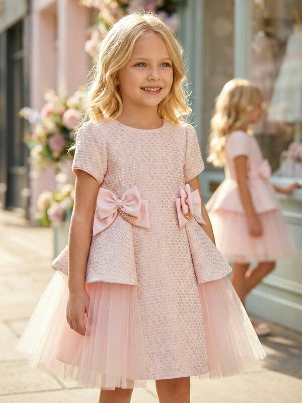 DRESS & Fleur Girls Bows and Tulle Dress in Pink