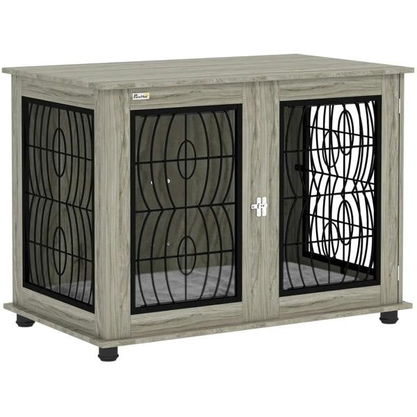 Grey pet crate furniture end table with three black wire doors and sturdy wood-look frame