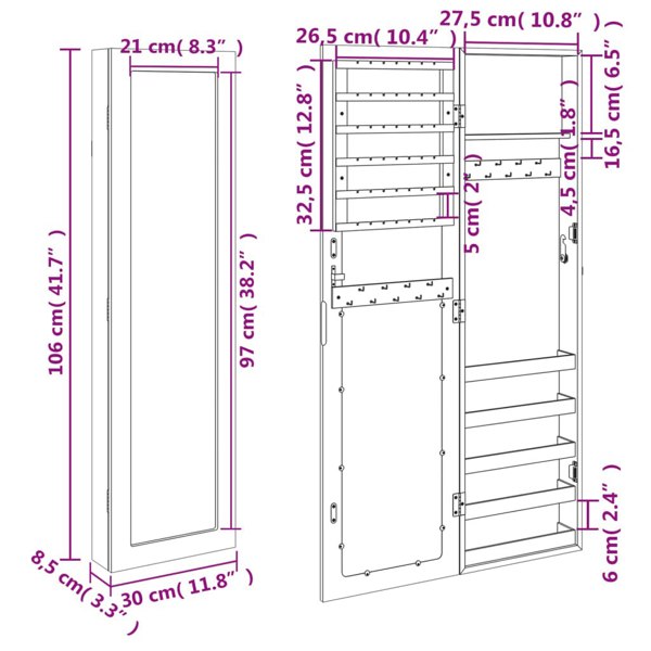 Berkfield Mirror Jewellery Cabinet Wall Mounted 30x8.5x106 cm