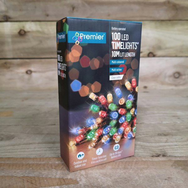 Samuel Alexander 100 LED 10m Premier Christmas Outdoor Multi Function Battery Lights with Timer & Clear Cable in Multicoloured