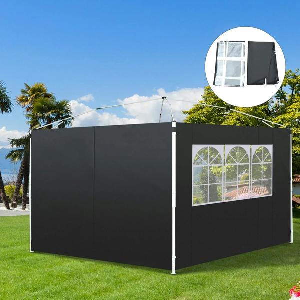 Black gazebo side wall panel with window insert, angled view in outdoor setting