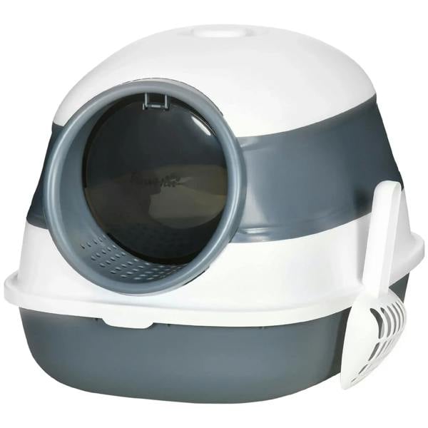 Covered cat litter tray in white and dark gray with round door and ventilated entrance