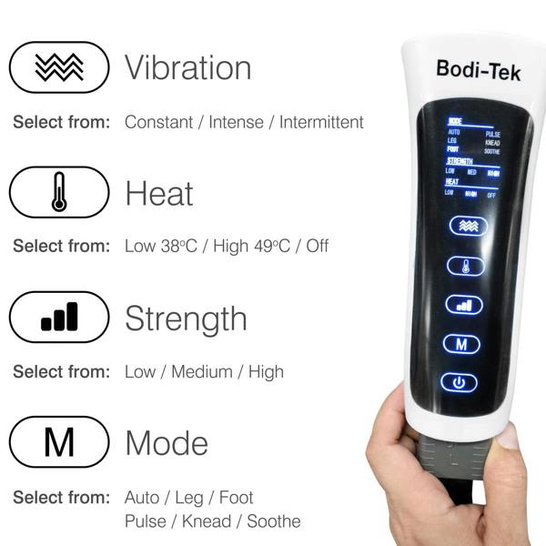 A hand holds the Comfort360° Air Compression Half Leg Massager Boot with a digital display for vibration, heat, strength, and mode settings. Text highlights selectable options and specialised massage programs for lower leg therapy.