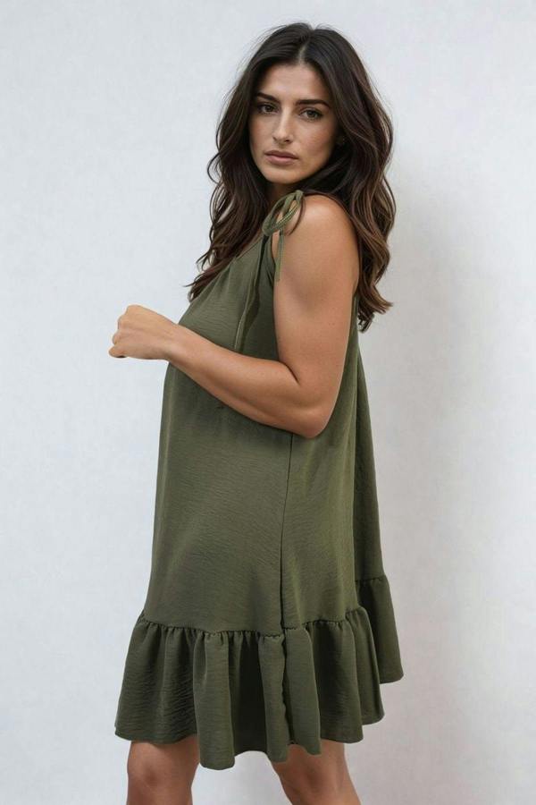 Faye Backless Tie-up Spaghetti Strap Frill Hem Mini Dress - Khaki