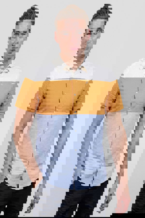 ENORSIA Multicoloured White/Orange/Blue Linen Blend Colour Block Shirt