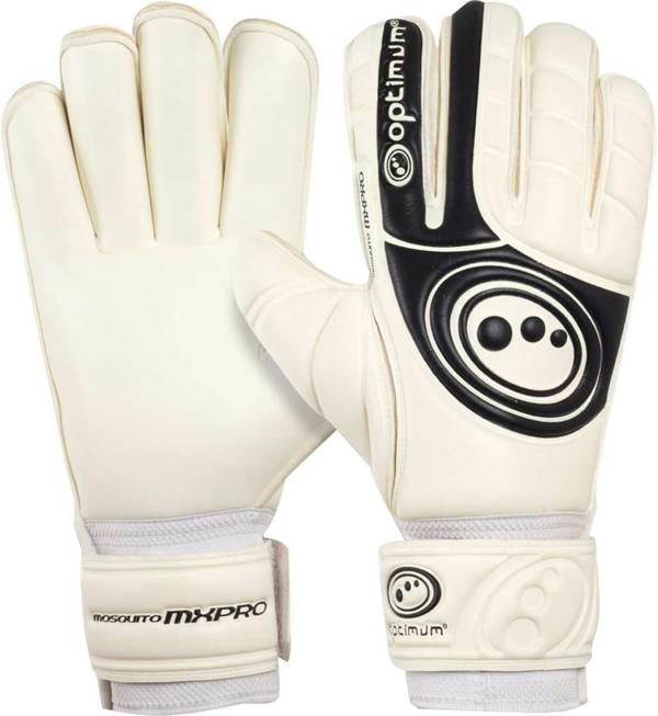 Pair of white and black Optimum Mosquito MX Pro goalkeeper gloves showing palm and backhand - Optimum