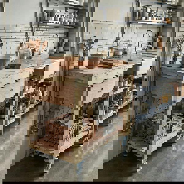 Wooden eucalyptus Top Workbench – Mobile Tool Cabinet with Drawers and Wheels, Ideal for Dry Indoor Spaces Such as Garages, Workshops, and Studios.