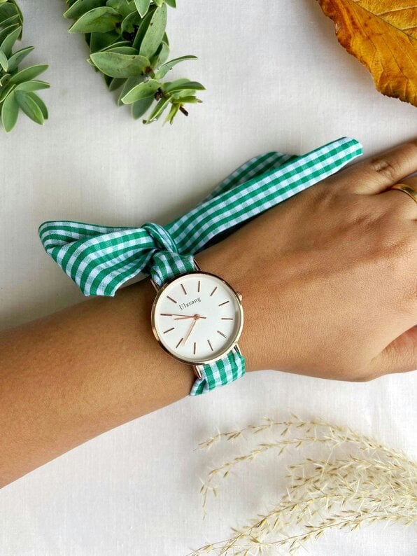 The Colourful Aura Green Plaid Cloth Changeable Cotton Tie Knot Strap Geneva Boho Wristwatch