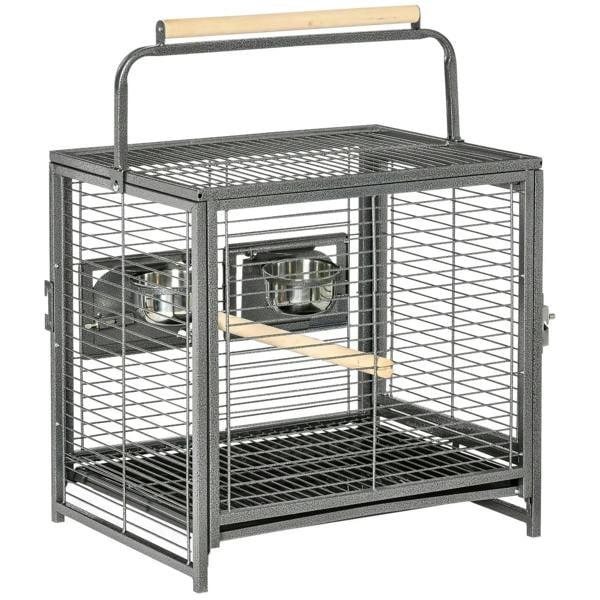 Black metal parrot travel bird cage with top handle, wire mesh sides, and platform perch.