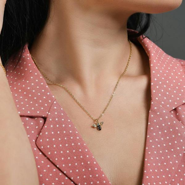 Gold Bumble Bee Necklace with Cubic Zirconia and Black Enamel - namana.london