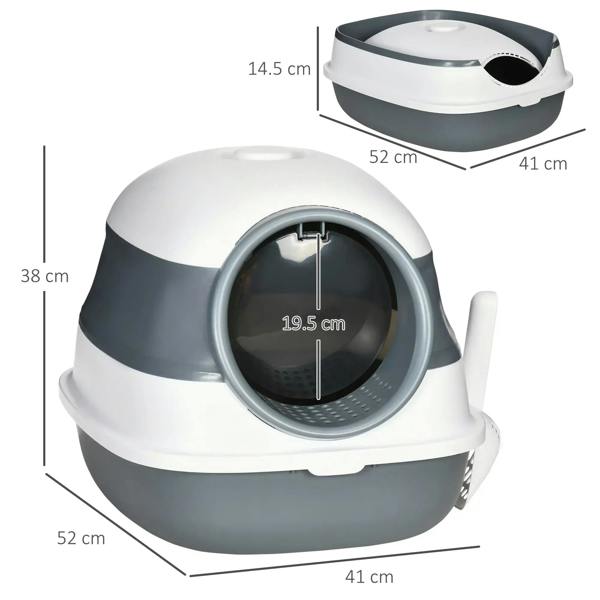 Covered cat litter tray in white and dark gray with round entrance, shown with size guide