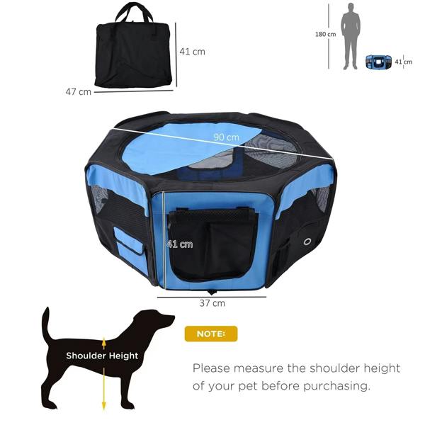Portable pet playpen with blue walls, black mesh, and front zippered opening