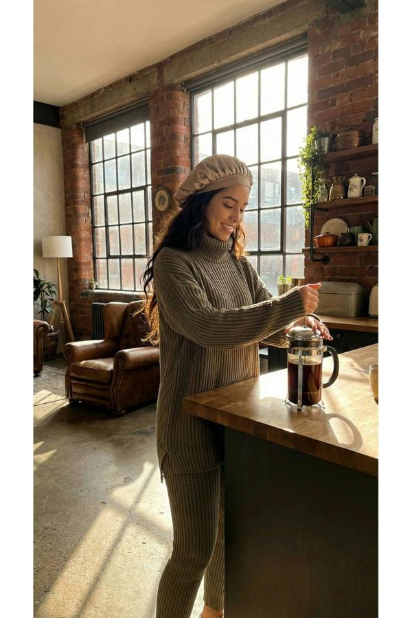 Mila Chunky Knitted High Roll Neck Top Bottom Co-ord Set - Khaki