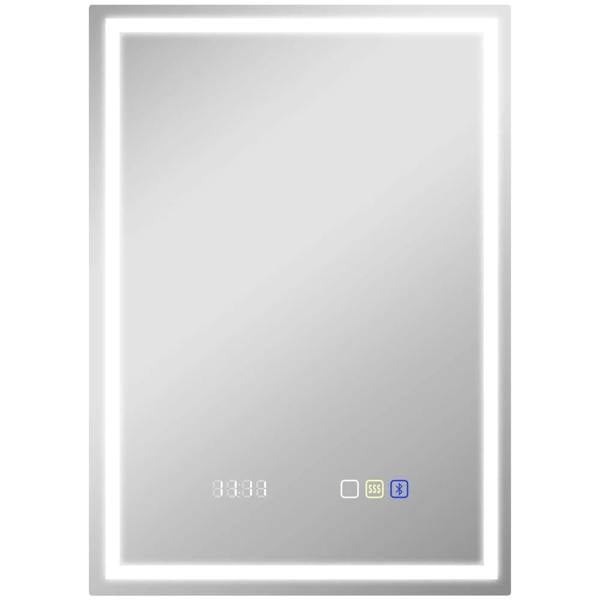 Rectangular anti-fog LED bathroom mirror with silver frame and clock display icons