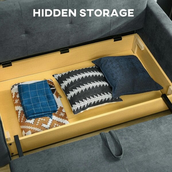 Wyld Haus Takala Nele Snow Flannel Dark Grey 2 Seater Sofa Bed With Hidden Storage And Cushions