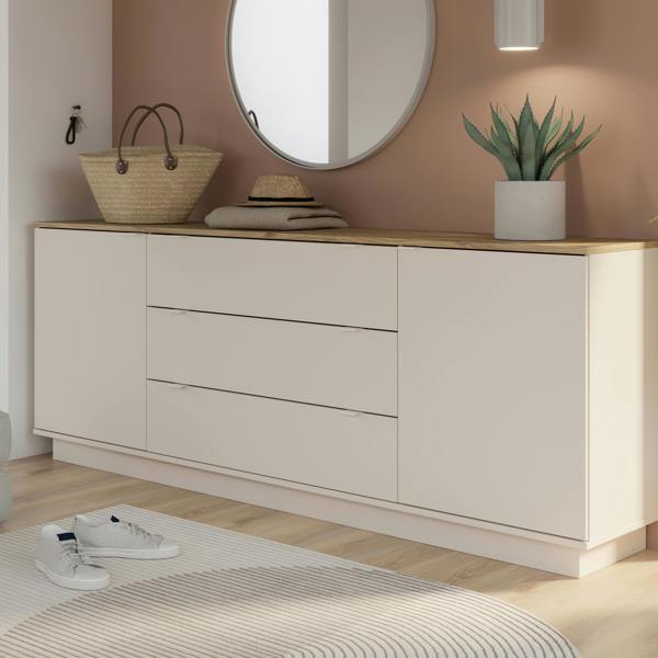 Furniture To Go Ganymede Large Sideboard with 3 Drawers & 2 Doors in Mauvella Oak and Sand