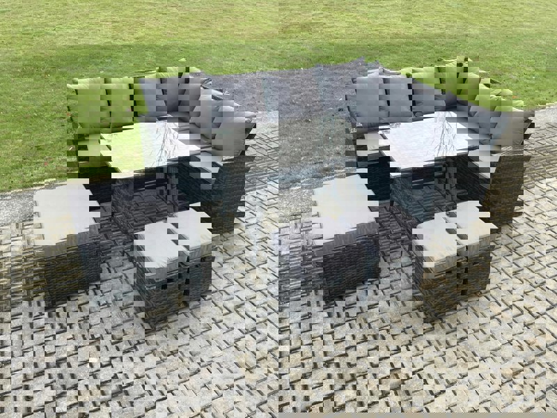 Fimous Outdoor Furniture Garden Dining Set Rattan Corner Sofa Set Rectangular Dining Table with Temper Glass 3 Footstools Dark Grey Mixed