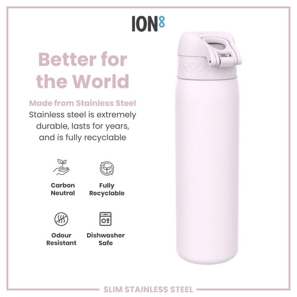 A light pink stainless steel water bottle stands against a white background. Accompanying text highlights its durability, recyclability, and other features.