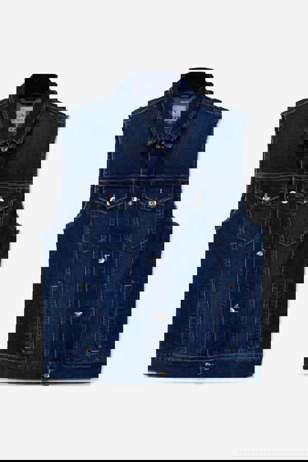 ENORSIA Women's Deep Blue Sleeveless Button Up Denim Jacket