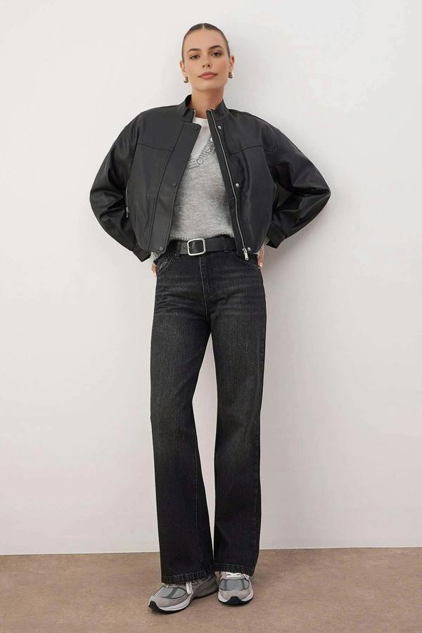 WOVCOR Faded Effect Vintage High Waist Wide Leg Jeans