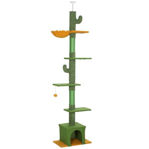 Green adjustable floor-to-ceiling cat tree with scratching posts, platforms, and enclosed base