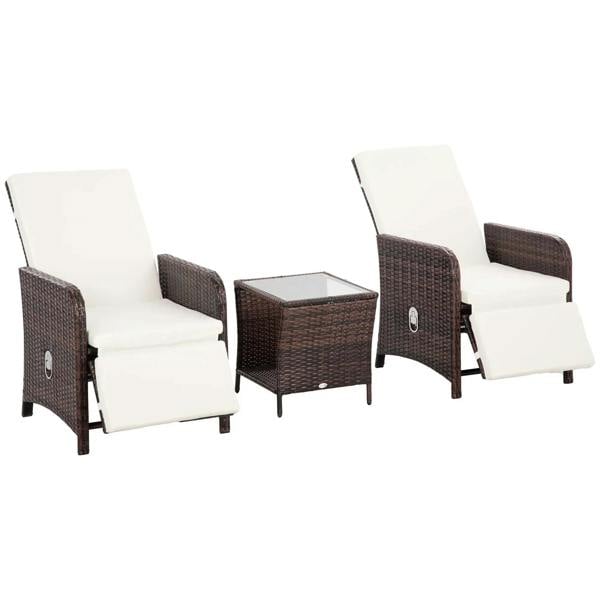 3-piece rattan bistro set: brown woven chairs with cream cushions and glass-top table