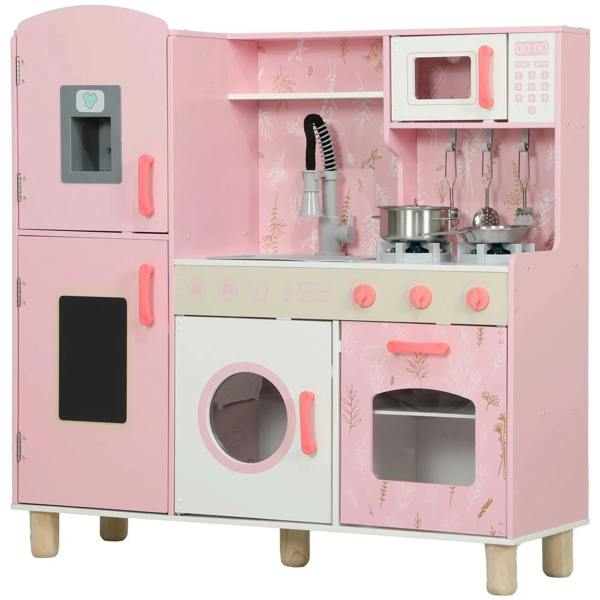 Pink kids play kitchen set with double stoves, oven door windows, and chalkboard
