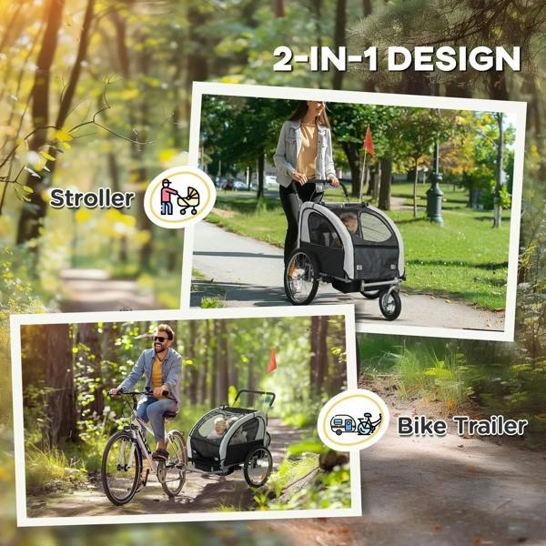 Black 2-in-1 bike trailer and stroller-style trailer with mesh canopy and safety flag
