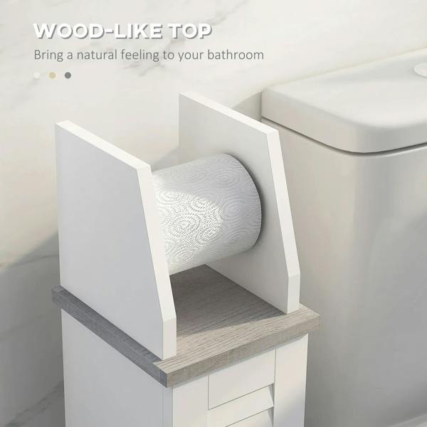 White slim bathroom floor cabinet with wood-look top, roll holder and toilet paper storage