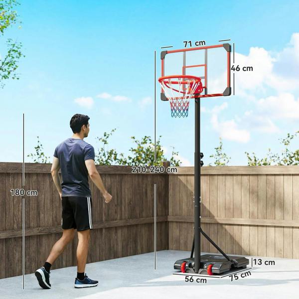 Height-adjustable basketball hoop with red rim and clear backboard on black stand