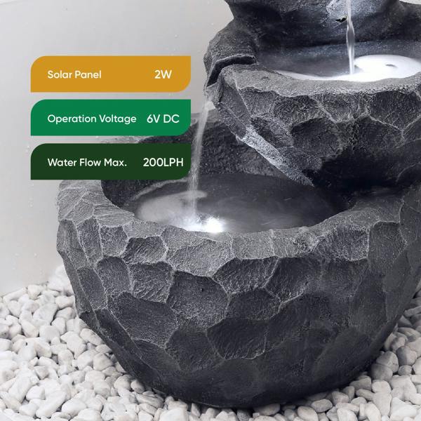 Gardenwize Solar Powered Three-Tiered Rock Water Feature with Battery Backup