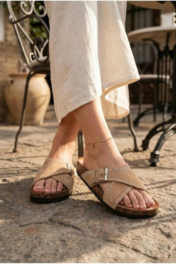 Ruby Womens Studded Criss Cross Slide Sandals - Khaki