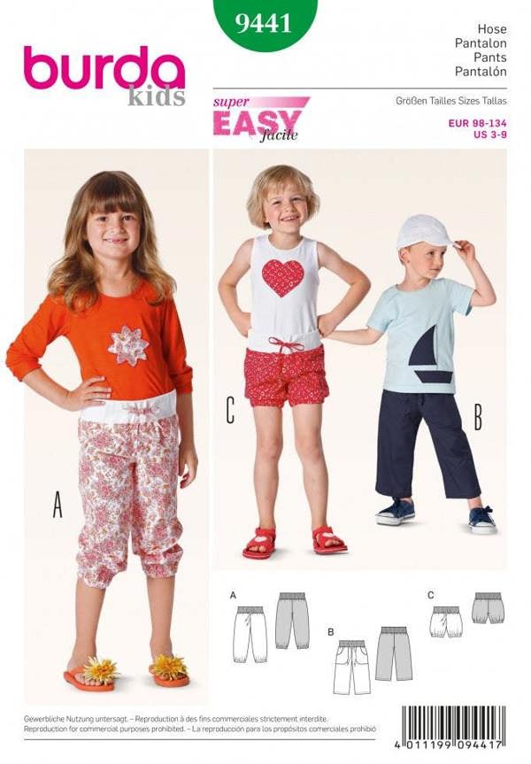 Burda Sewing Pattern 9441 Trousers and Shorts For Kids, Ages: 3-9 - Easy