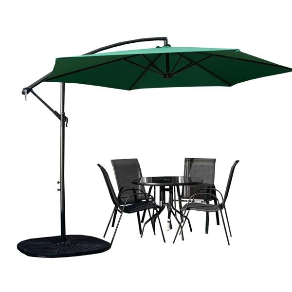 Samuel Alexander Outdoor 4 Person Round Glass Top Garden Dining Table Chairs With Green Banana Parasol and Base