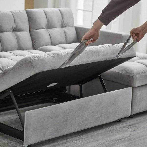 Madrid Velvet 3 Seater Pullout Sofa Bed in Grey with Reversible Storage Chaise