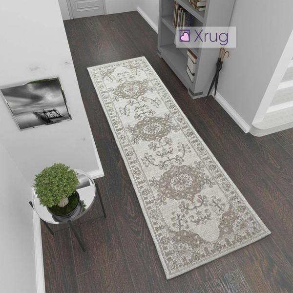Modern Oriental Rug 100% Cotton Small Extra Large Washable Cream Taupe Brown Living Room Bedroom Flatweave Carpet Mat - 75x300cm (2'5"x9'8")