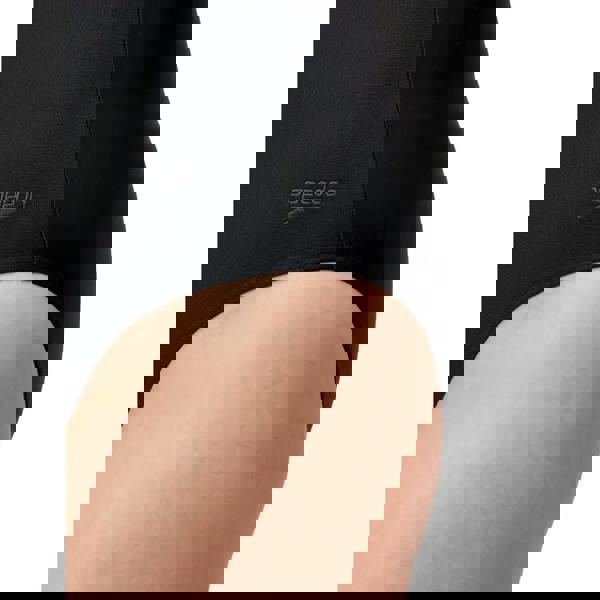 Black Speedo shaping cross knot swimsuit with textured fabric and logo