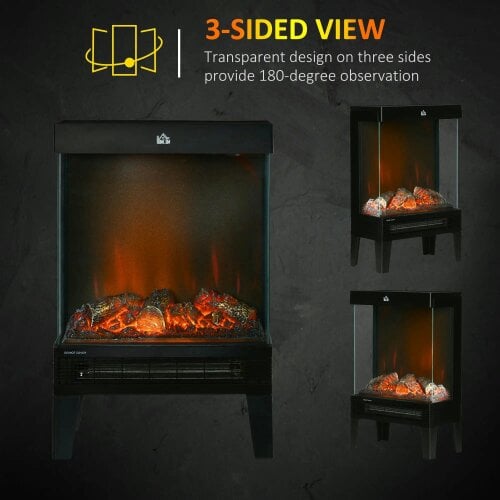 Bobobiy 180° Charming Electric Fireplace Heater, Quiet Freestanding Stove with LED Flame Effect, Level-less Temperature Control, 1000W/2000W, Black