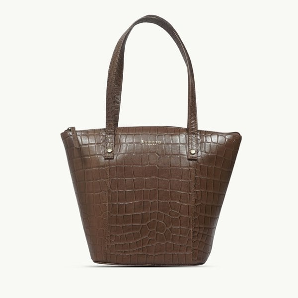 Assots London 'MELANIE' Tan Croc Real Leather Unlined Bucket Bag