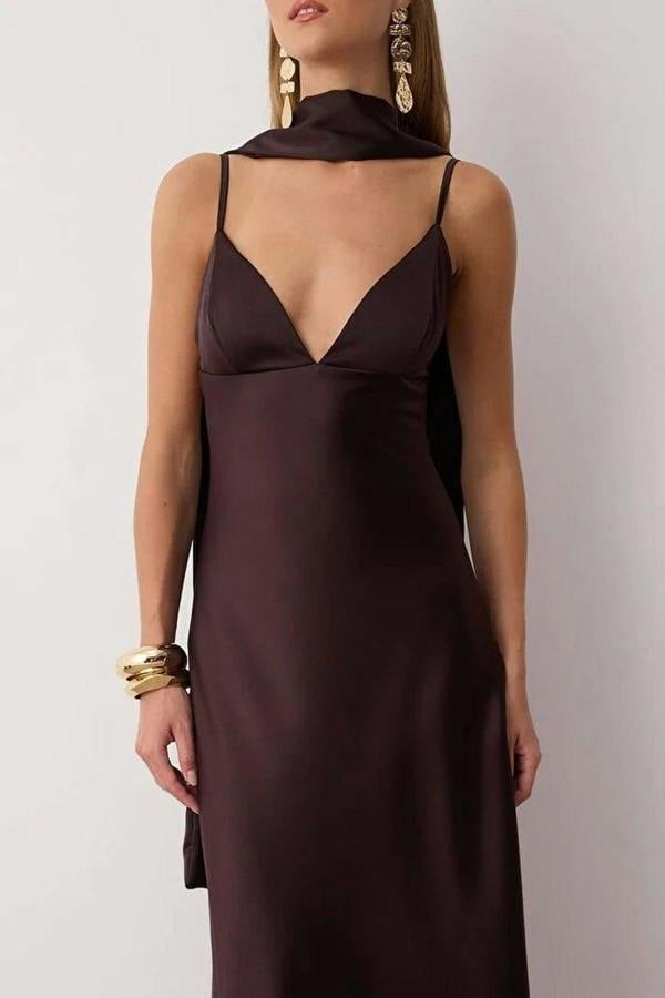 WOVCOR Scarf Detail Satin Maxi Dress with Strappy Design