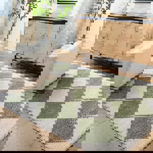 Livabliss Fossay Shag-Washable Beige Green High Pile Diamond Rug