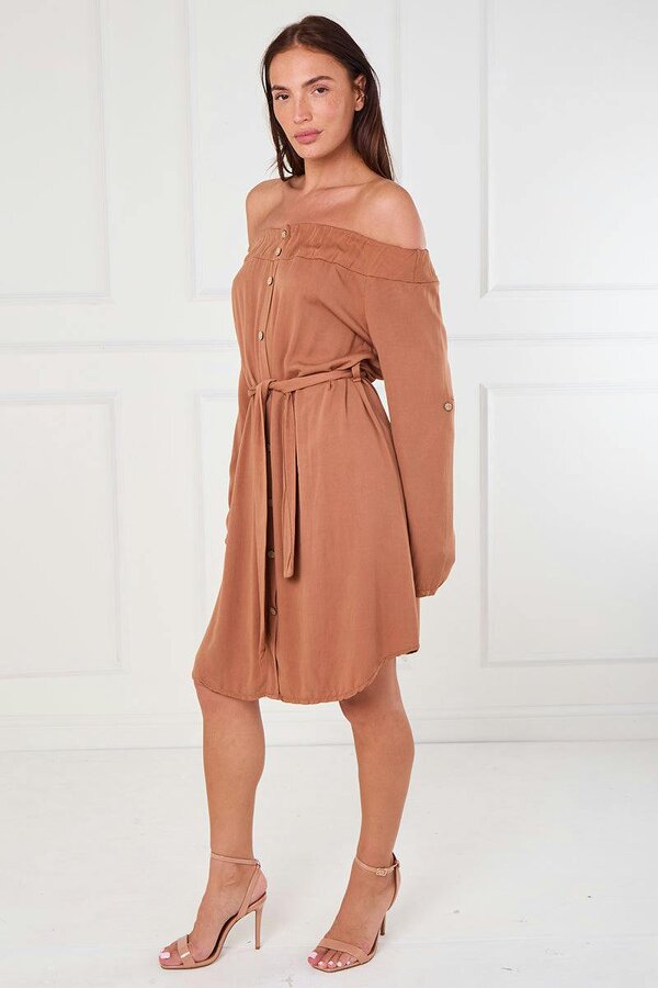 Elaina Fashion Off Shoulder Button Down Shirt Dress (One Size 8–14)
