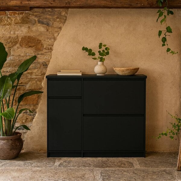 Wyld Haus Budapest Matt Black Wooden Shoe Cabinet 3 Doors 1 Drawer