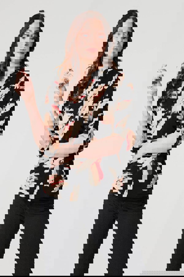 Black | Printed Collarless V-Neck Blouse