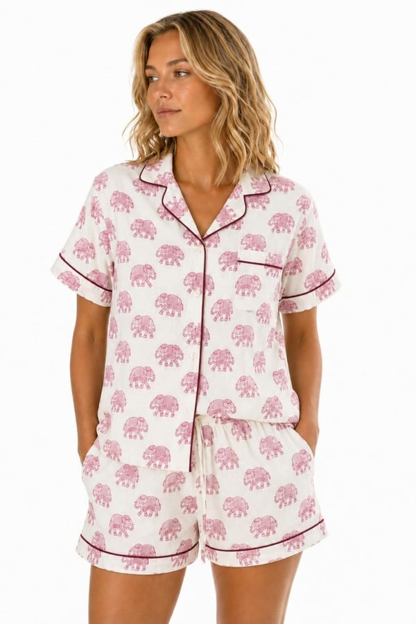 Soul Of Sita Short Sleeve Pink Woodblock Elephant print pyjamas - Adult