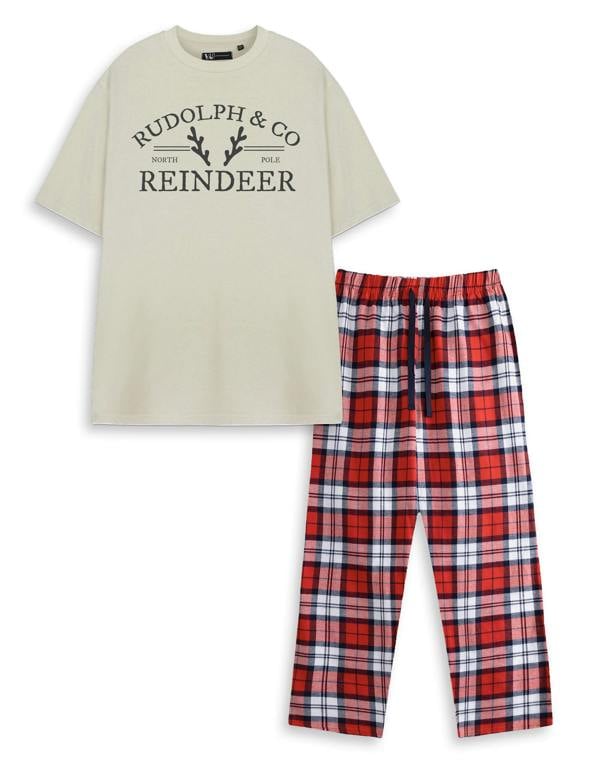 Show Me The Merch Unisex Beige Rudolf & Co Short Sleeve Long Leg Pyjama Set