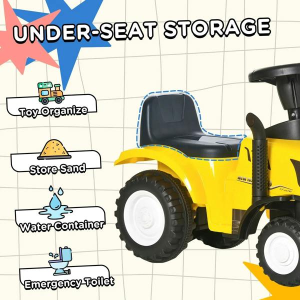 Yellow ride-on tractor walker with black seat and under-seat storage compartment